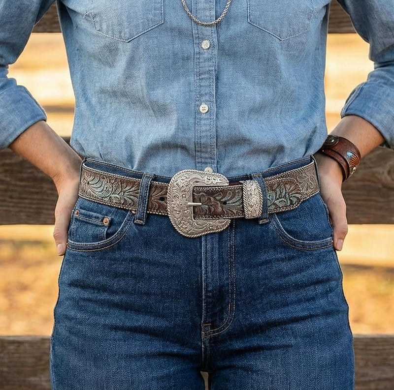 BC Belts Western Scroll Buckle with Turquoise Tinted Embossed Brown Leather Belt (L) - Image 2